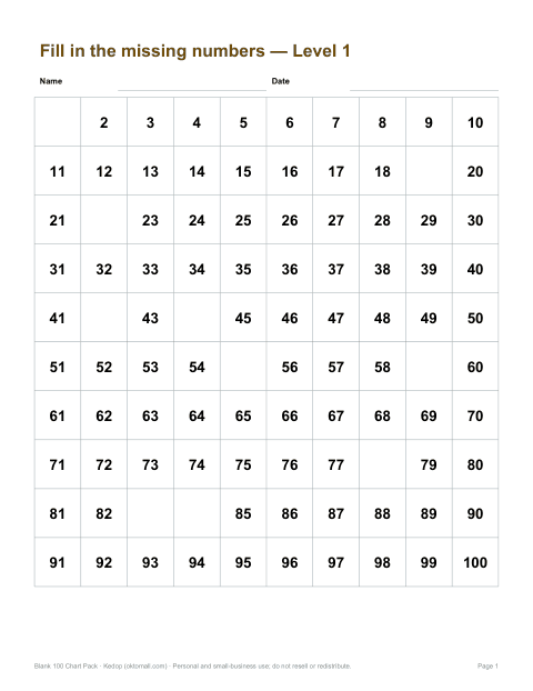 Preview of the first page of Level 1 missing numbers (PDF)
