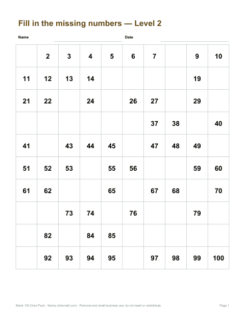 Preview of the first page of Level 2 missing numbers (PDF)