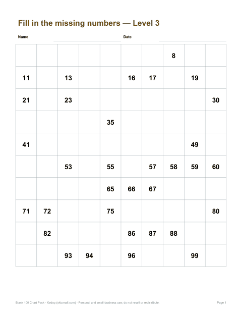 Preview of the first page of Level 3 missing numbers (PDF)